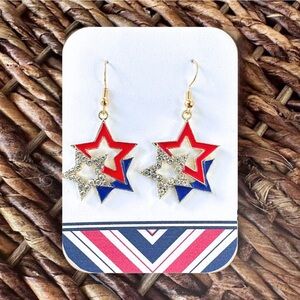 New Handmade Gold-Tone Patriotic Red, Blue, & Sparkly Star Outline Earrings